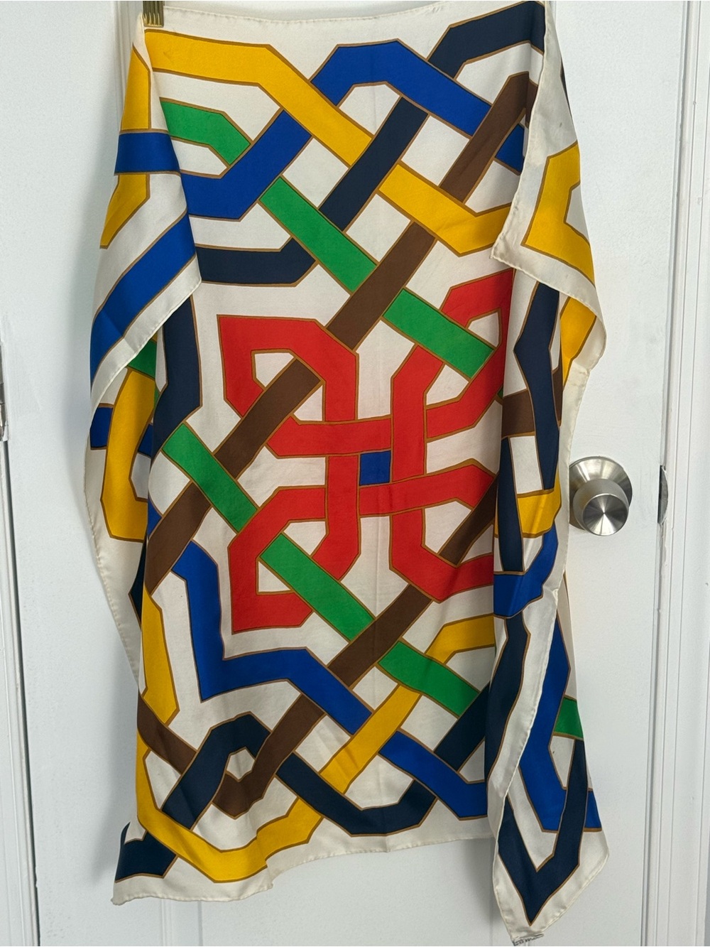 Echo Multicolor Geometric Silk Scarf - Red, Blue, Green, Yellow, Brown on Cream